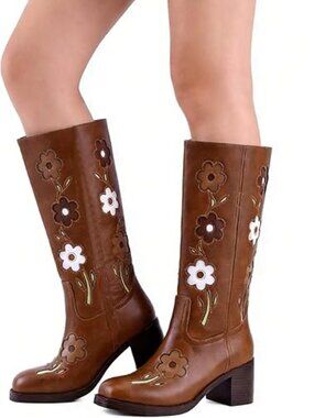 Retro Floral Embroidered Knee High Boots Chunky Block Heel Square Toe